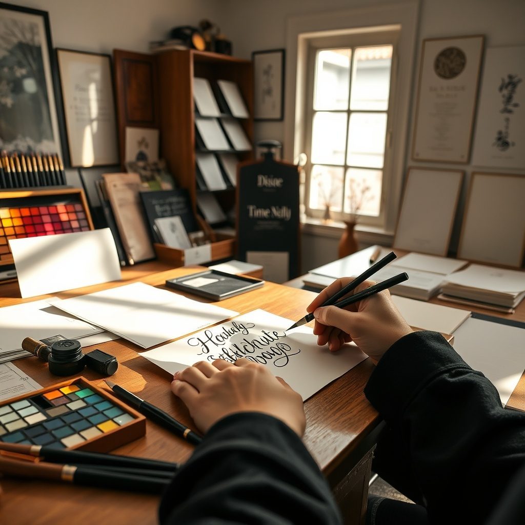Elegant calligraphy tools and samples