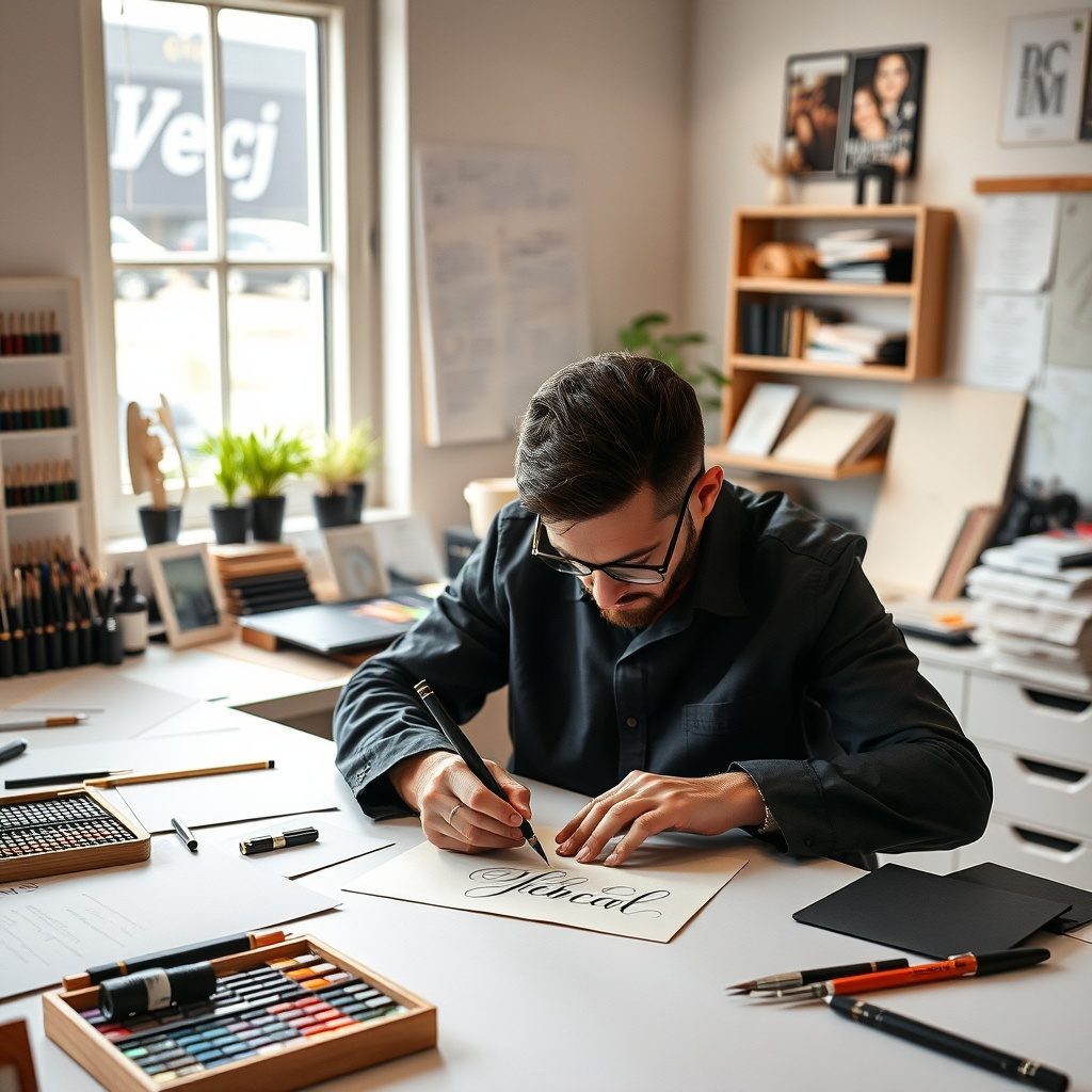 Calligraphy studio interior with elegant designs
